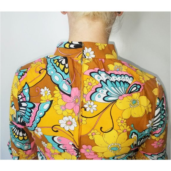 Vintage 1970s Iconic Womens Mini Dress Butterflies Flowers Mod A-line Woodstock - Picture 16 of 16